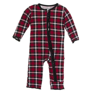 KicKee Pants Print Muffin Ruffle Coverall with Zipper - Crimson 2020 Holiday Plaid