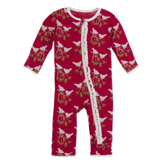 KicKee Pants Print Muffin Ruffle Coverall with Zipper - Crimson Kissing Birds