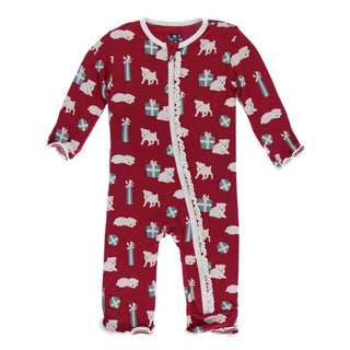KicKee Pants Print Muffin Ruffle Coverall with Zipper - Crimson Puppies and Presents