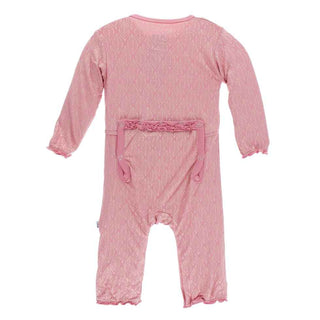KicKee Pants Print Muffin Ruffle Coverall with Zipper - Desert Rose Gold Leaf