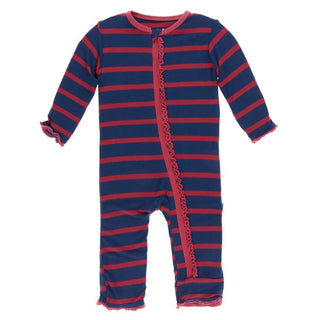 KicKee Pants Print Muffin Ruffle Coverall with Zipper - Everyday Heroes Navy Stripe