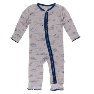 KicKee Pants Print Muffin Ruffle Coverall with Zipper - Feather Heroes in the Air