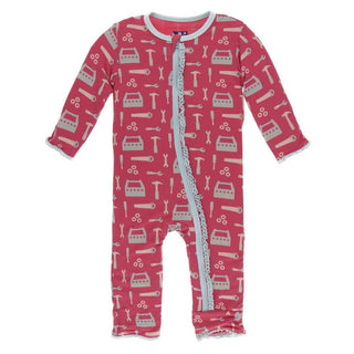 KicKee Pants Print Muffin Ruffle Coverall with Zipper - Flag Red Construction