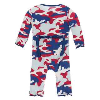 KicKee Pants Print Muffin Ruffle Coverall with Zipper - Flag Red Military