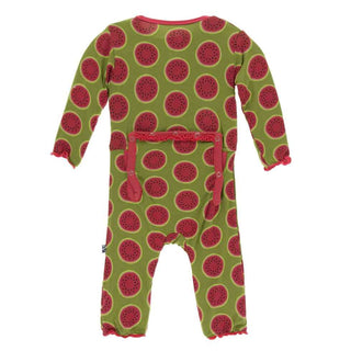 KicKee Pants Print Muffin Ruffle Coverall with Zipper - Grasshopper Watermelon