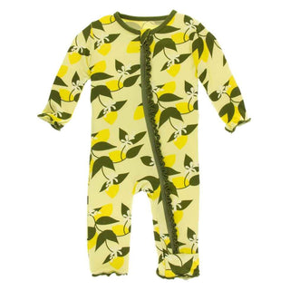 KicKee Pants Print Muffin Ruffle Coverall with Zipper - Lime Blossom Lemon Tree