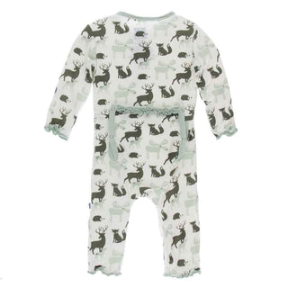 KicKee Pants Print Muffin Ruffle Coverall with Zipper - Natural Forest Animals