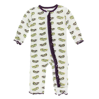 KicKee Pants Print Muffin Ruffle Coverall with Zipper - Natural Olive Branch