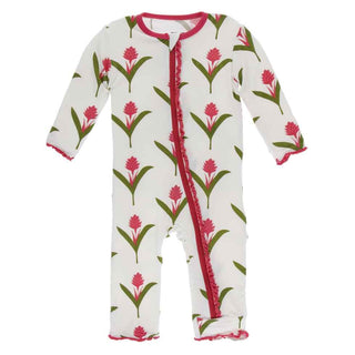KicKee Pants Print Muffin Ruffle Coverall with Zipper - Natural Red Ginger Flowers