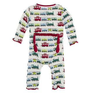 KicKee Pants Print Muffin Ruffle Coverall with Zipper - Natural Toy Train
