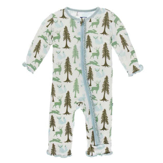 KicKee Pants Print Muffin Ruffle Coverall with Zipper - Natural Woodland Holiday