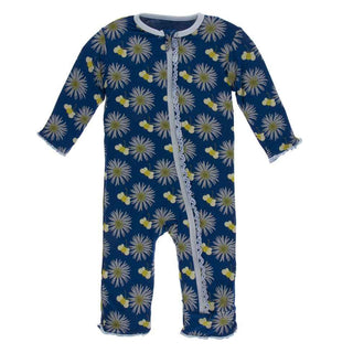 KicKee Pants Print Muffin Ruffle Coverall with Zipper - Navy Cornflower and Bee