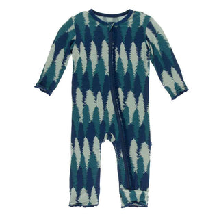 KicKee Pants Print Muffin Ruffle Coverall with Zipper - Navy Forestry