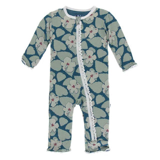 KicKee Pants Print Muffin Ruffle Coverall with Zipper - Oasis Hibiscus