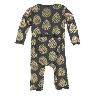 KicKee Pants Print Muffin Ruffle Coverall with Zipper - Pewter Pinecones