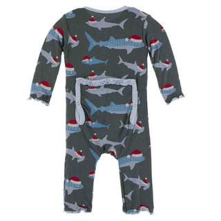 KicKee Pants Print Muffin Ruffle Coverall with Zipper - Pewter Santa Sharks