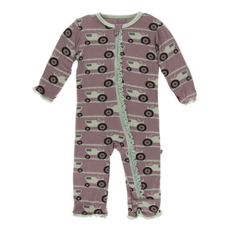 KicKee Pants Print Muffin Ruffle Coverall with Zipper - Raisin Tractor and Grass