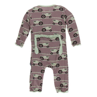 KicKee Pants Print Muffin Ruffle Coverall with Zipper - Raisin Tractor and Grass