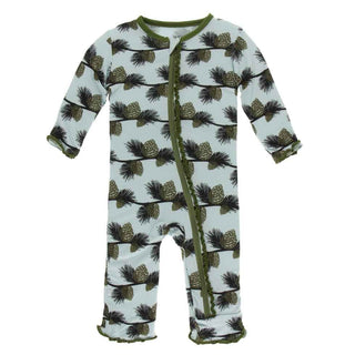KicKee Pants Print Muffin Ruffle Coverall with Zipper - Spring Sky Pine Cones