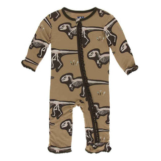 KicKee Pants Print Muffin Ruffle Coverall with Zipper - Tannin T-Rex Dig