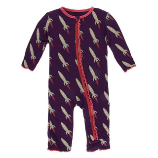 KicKee Pants Print Muffin Ruffle Coverall with Zipper - Wine Grapes Rockets