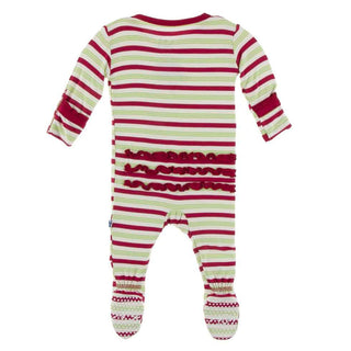 KicKee Pants Print Muffin Ruffle Footie with Snaps - 2020 Candy Cane Stripe