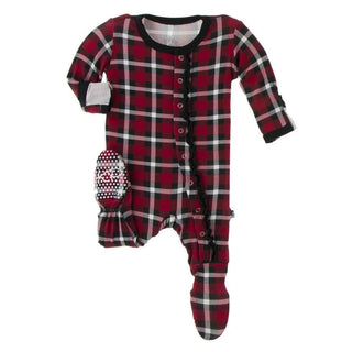 KicKee Pants Print Muffin Ruffle Footie with Snaps - Crimson 2020 Holiday Plaid