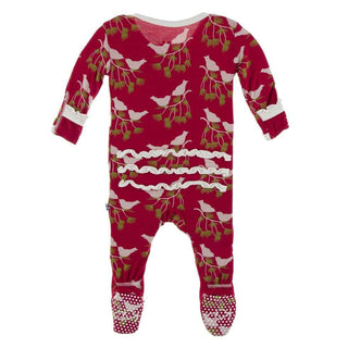 KicKee Pants Print Muffin Ruffle Footie with Snaps - Crimson Kissing Birds