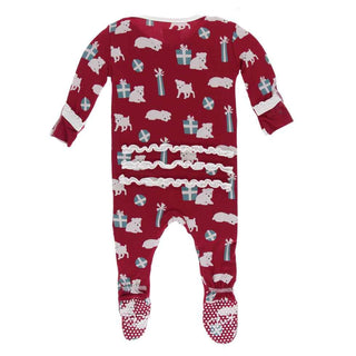 KicKee Pants Print Muffin Ruffle Footie with Snaps - Crimson Puppies and Presents