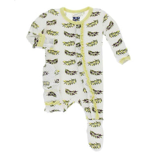 KicKee Pants Print Muffin Ruffle Footie with Snaps - Natural Olive Branch