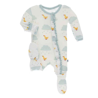 KicKee Pants Print Muffin Ruffle Footie with Snaps - Natural Puddle Duck