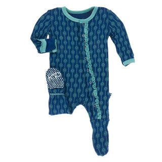 KicKee Pants Print Muffin Ruffle Footie with Snaps - Navy Leaf Lattice
