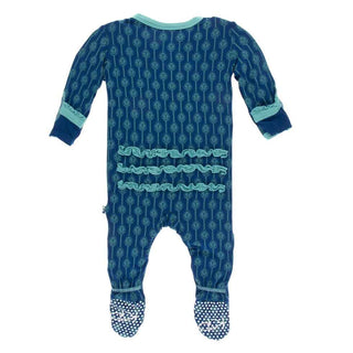 KicKee Pants Print Muffin Ruffle Footie with Snaps - Navy Leaf Lattice
