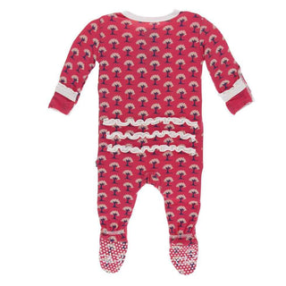 KicKee Pants Print Muffin Ruffle Footie with Snaps - Red Ginger Mini Trees