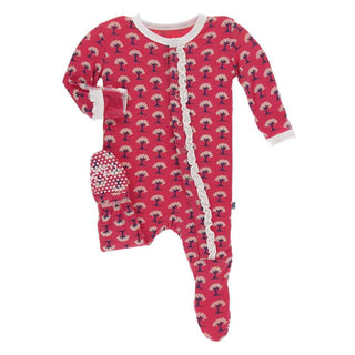 KicKee Pants Print Muffin Ruffle Footie with Snaps - Red Ginger Mini Trees