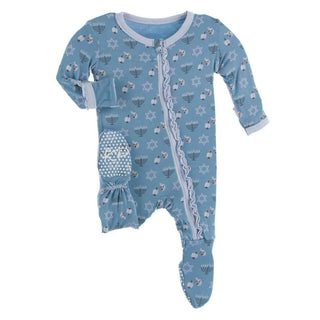 Print Muffin Ruffle Footie with Zipper - Blue Moon Hanukkah KicKee Pants Size: Newborn