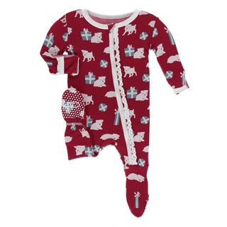 KicKee Pants Print Muffin Ruffle Footie with Zipper - Crimson Puppies and Presents