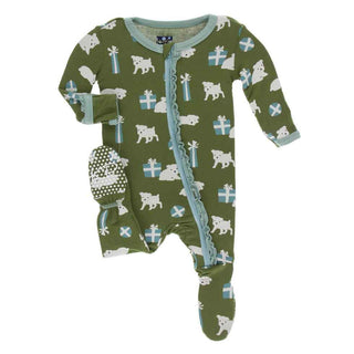 KicKee Pants Print Muffin Ruffle Footie with Zipper - Moss Puppies and Presents