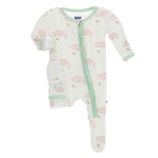 KicKee Pants Print Muffin Ruffle Footie with Zipper - Natural Lotus Flower