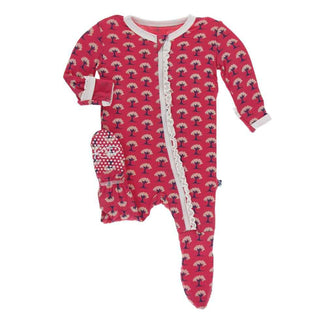 KicKee Pants Print Muffin Ruffle Footie with Zipper - Red Ginger Mini Trees