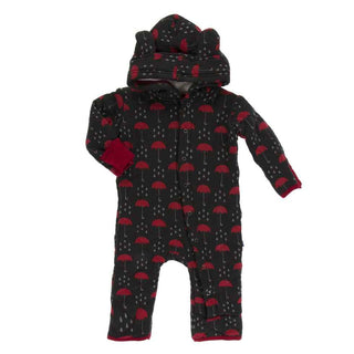 KicKee Pants Print Quilted Hoodie Coverall with Sherpa-Lined Hood - Umbrellas and Rain Clouds with Candy Apple