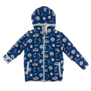 KicKee Pants Print Quilted Jacket with Sherpa-Lined Hood - Navy Education/Spring Sky Environmental Protection