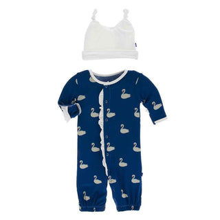KicKee Pants Print Ruffle Layette Gown Converter and Double Knot Hat Set - Navy Queens Swans