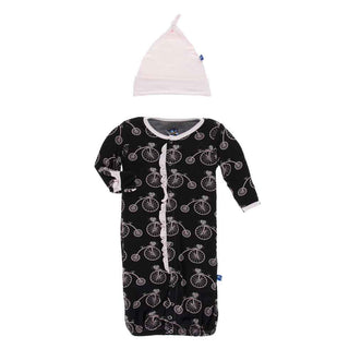 KicKee Pants Print Ruffle Layette Gown Converter and Knot Hat Set, - Girl Midnight Bikes