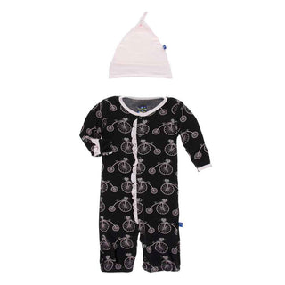 KicKee Pants Print Ruffle Layette Gown Converter and Knot Hat Set, - Girl Midnight Bikes