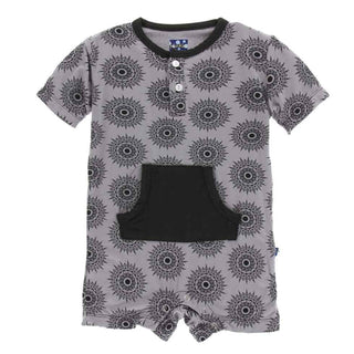 Print Short Sleeve Kangaroo Romper - Feather Mandala Baby One-Pieces