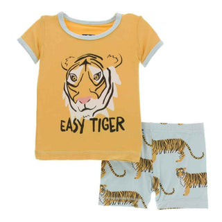 KicKee Pants Print Short Sleeve Pajama Set with Shorts - Spring Sky Tiger