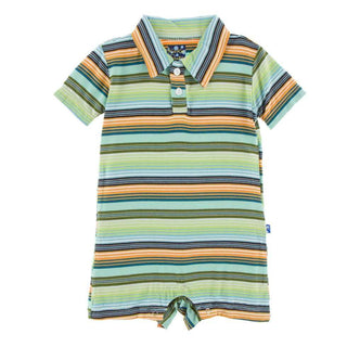 KicKee Pants Print Short Sleeve Polo Romper - Cancun Glass Stripe