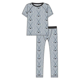 Print Short Sleeve Sport Pajama Set - Pearl Blue Hockey KicKee Pants Size: 2T