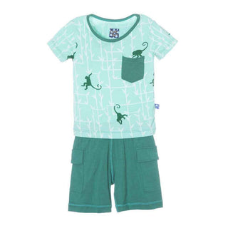KicKee Pants Print Short Sleeve Tee with Pocket and Cargo Short Outfit Set, Glass Forest Monkey
